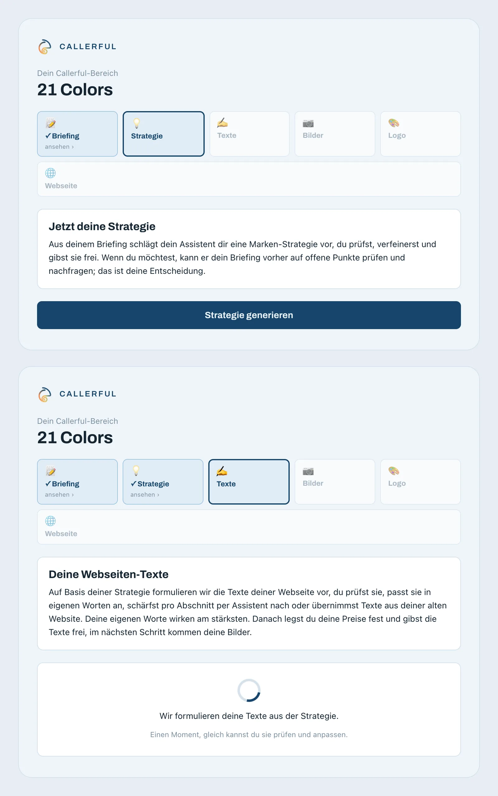 Der Callerful-Kundenbereich: Schritte Briefing, Strategie, Texte, Bilder, Logo und Webseite