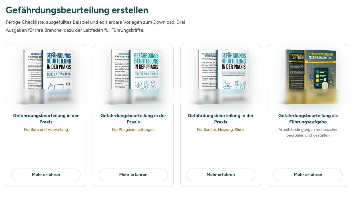 Live laufende Produktübersicht eines Shops: vier Produktkacheln mit Bild, Titel, Preis und Buchen-Schaltfläche